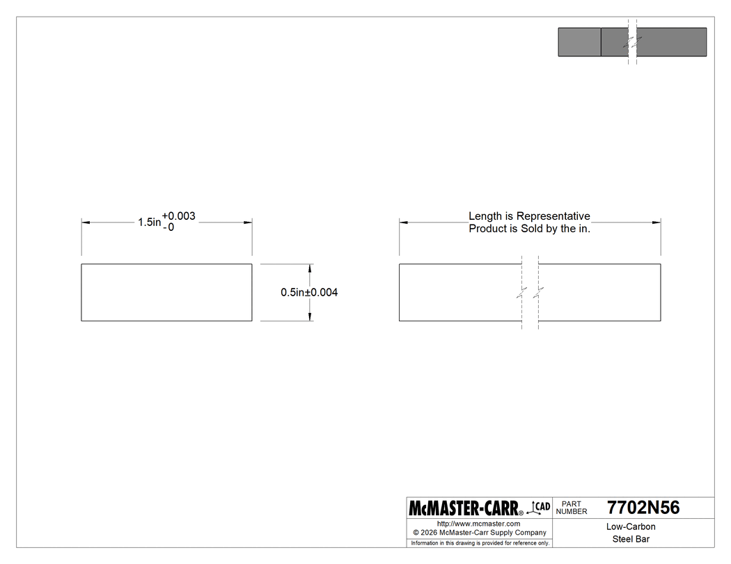 Technical Drawing of Low-Carbon Steel Bar, 1/2" Thick, 1-1/2" Wide.